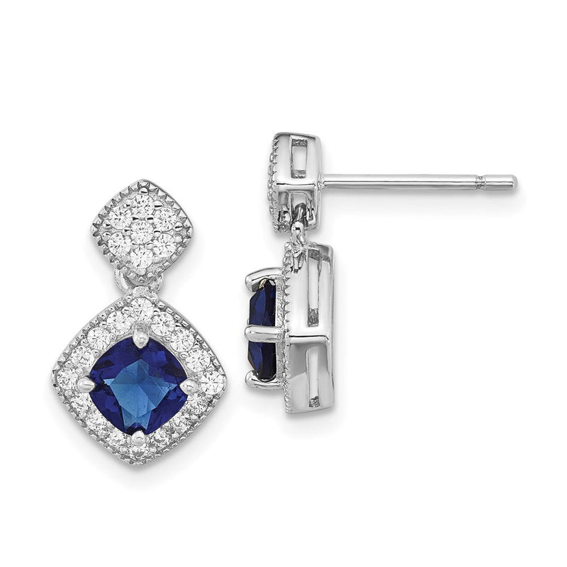 Sterlingsilber Cheryl M Rhodiniert Kissen-cut Blau Glas und Brillant-cut Weiß Zirkonia Stecker Ohrhänger