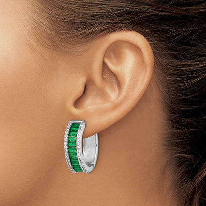 Sterlingsilber Cheryl M Rhodiniert Smaragd-cut Grün Nano Kristall und Brillant-cut Weiß Zirkonia Rund Klappbar Creolen
