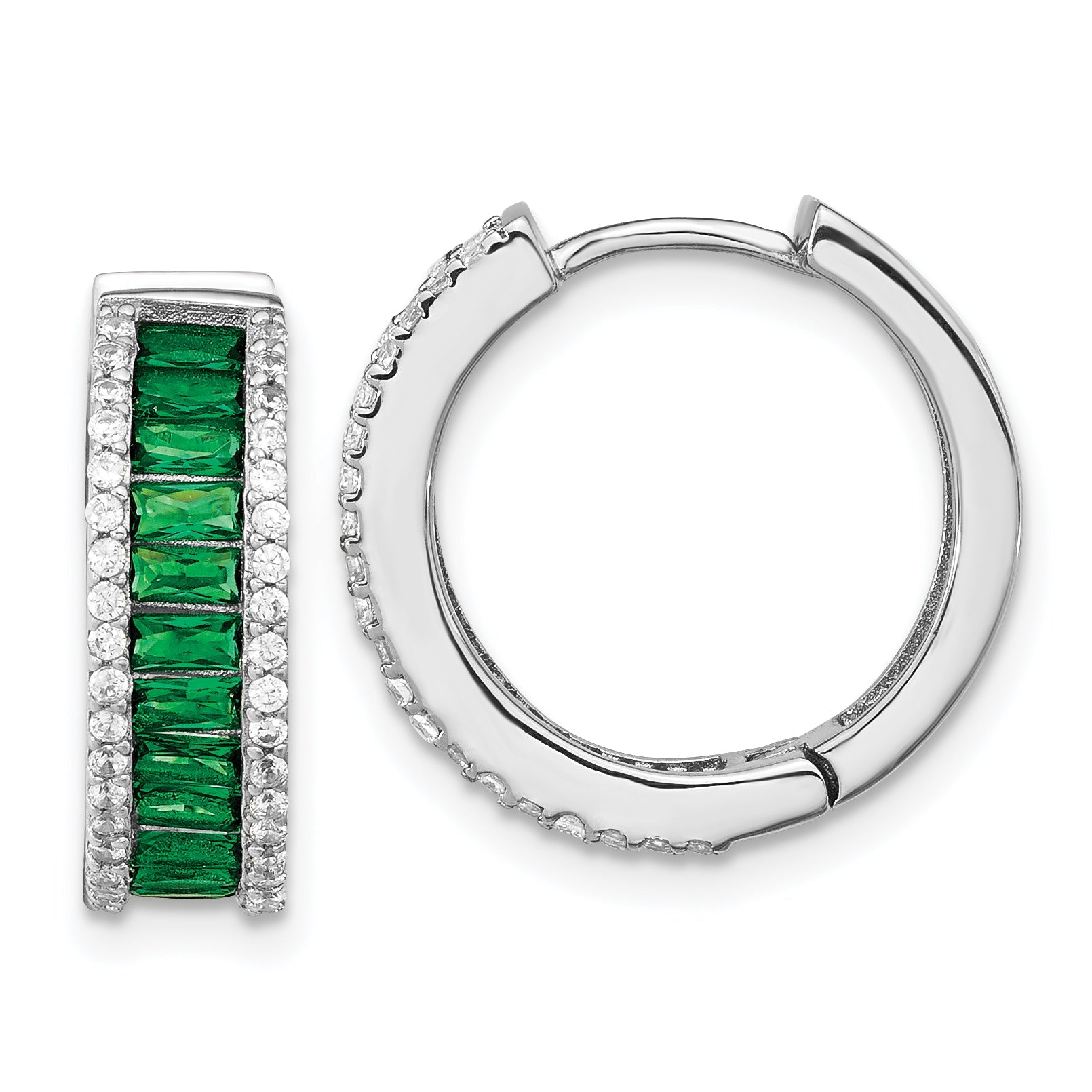 Sterlingsilber Cheryl M Rhodiniert Smaragd-cut Grün Nano Kristall und Brillant-cut Weiß Zirkonia Rund Klappbar Creolen