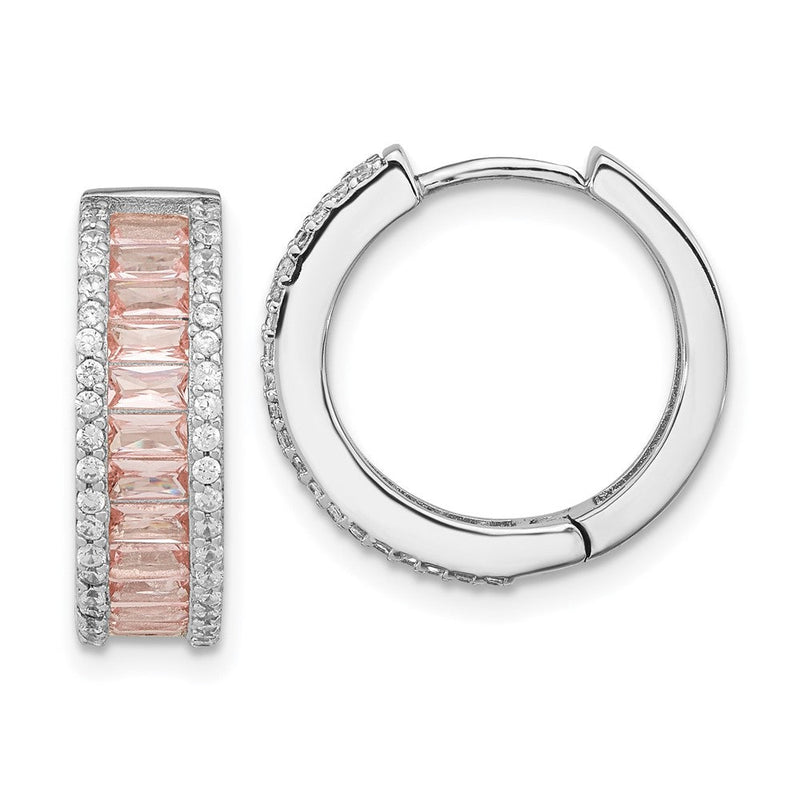 Sterlingsilber Cheryl M Rhodiniert Smaragd-cut Rosa Nano Kristall und Weiß Brillant-cut Zirkonia Rund Klappbar Creolen