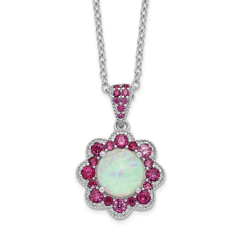 Sterlingsilber Cheryl M Rhodiniert Cabochon Im Labor Erzeugt Opal und Brillant-cut Rot Nano Kristall Blume 18 Zoll Halskette