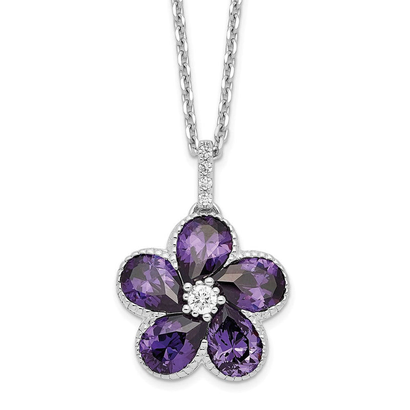 Sterlingsilber Cheryl M Rhodiniert Lila und Weiß Brillant-cut Zirkonia Blume 16 Zoll Halskette mit 2 Verlängerung