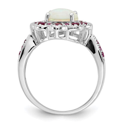 Sterlingsilber Cheryl M Rhodiniert Cabochon Im Labor Erzeugt Opal und Brillant-cut Rot Nano Kristall Blume Ring