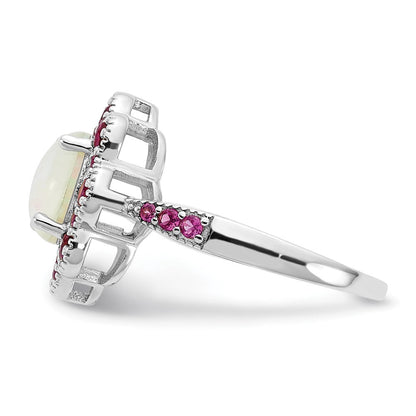 Sterlingsilber Cheryl M Rhodiniert Cabochon Im Labor Erzeugt Opal und Brillant-cut Rot Nano Kristall Blume Ring