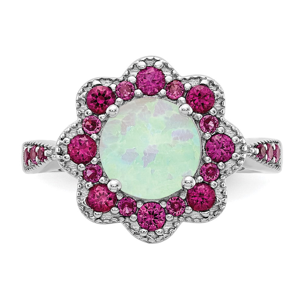 Sterlingsilber Cheryl M Rhodiniert Cabochon Im Labor Erzeugt Opal und Brillant-cut Rot Nano Kristall Blume Ring