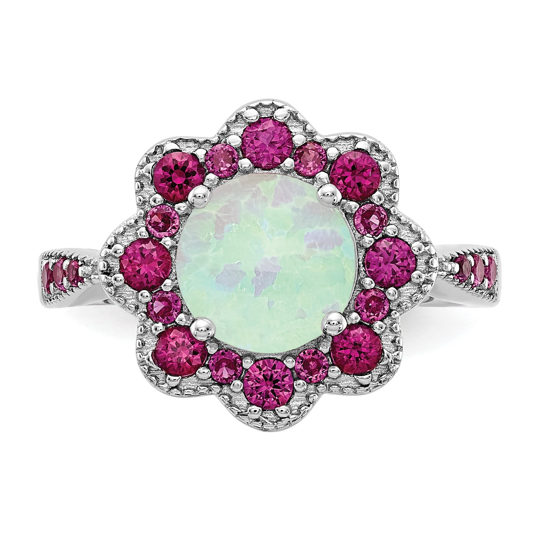 Sterlingsilber Cheryl M Rhodiniert Cabochon Im Labor Erzeugt Opal und Brillant-cut Rot Nano Kristall Blume Ring