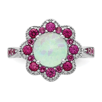 Sterlingsilber Cheryl M Rhodiniert Cabochon Im Labor Erzeugt Opal und Brillant-cut Rot Nano Kristall Blume Ring