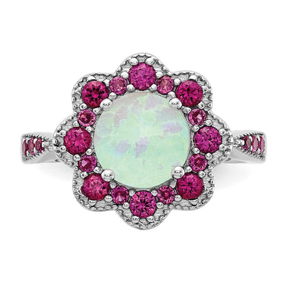 Sterlingsilber Cheryl M Rhodiniert Cabochon Im Labor Erzeugt Opal und Brillant-cut Rot Nano Kristall Blume Ring