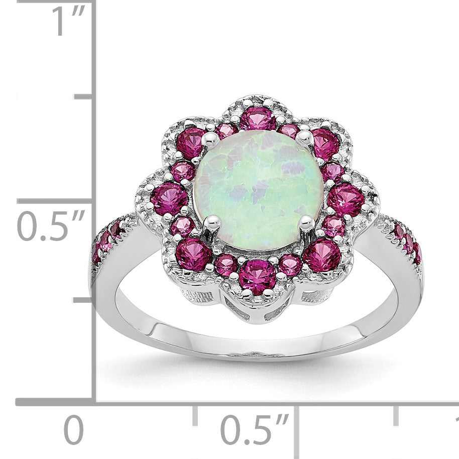 Sterlingsilber Cheryl M Rhodiniert Cabochon Im Labor Erzeugt Opal und Brillant-cut Rot Nano Kristall Blume Ring