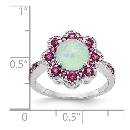 Sterlingsilber Cheryl M Rhodiniert Cabochon Im Labor Erzeugt Opal und Brillant-cut Rot Nano Kristall Blume Ring