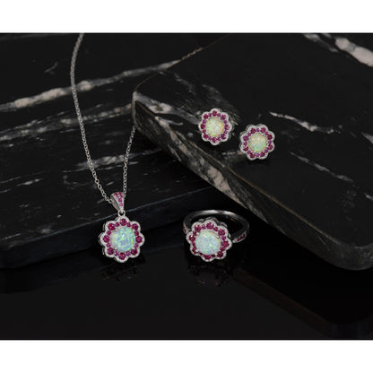 Sterlingsilber Cheryl M Rhodiniert Cabochon Im Labor Erzeugt Opal und Brillant-cut Rot Nano Kristall Blume Ring