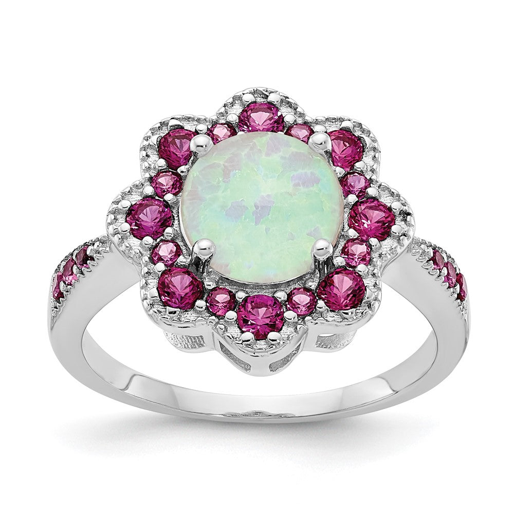 Sterlingsilber Cheryl M Rhodiniert Cabochon Im Labor Erzeugt Opal und Brillant-cut Rot Nano Kristall Blume Ring