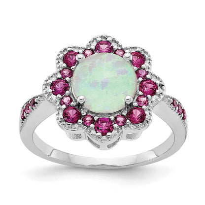 Sterlingsilber Cheryl M Rhodiniert Cabochon Im Labor Erzeugt Opal und Brillant-cut Rot Nano Kristall Blume Ring
