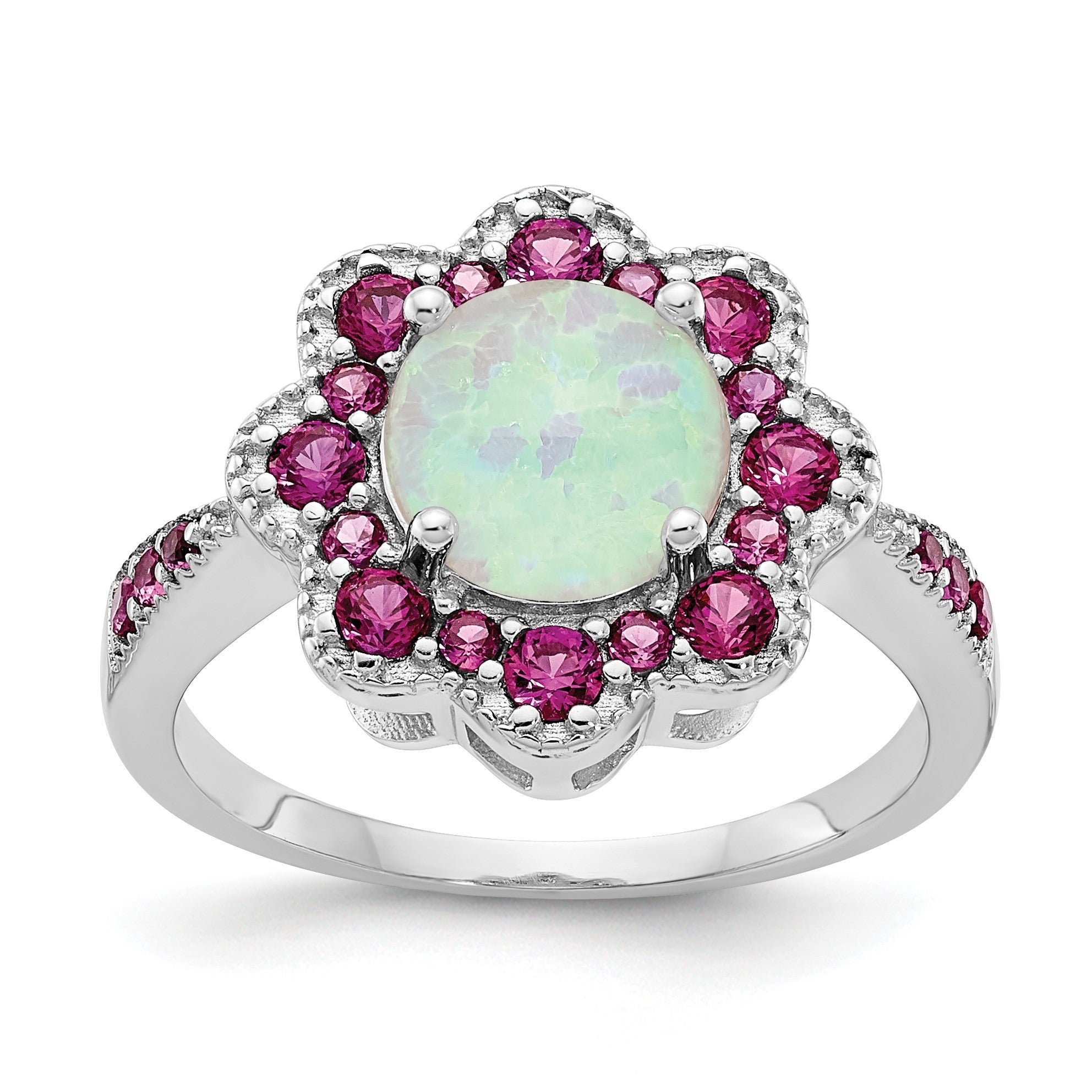 Sterlingsilber Cheryl M Rhodiniert Cabochon Im Labor Erzeugt Opal und Brillant-cut Rot Nano Kristall Blume Ring