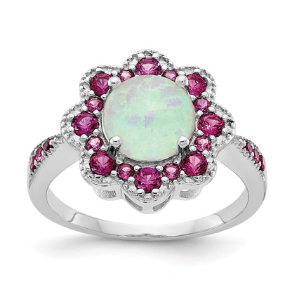 Sterlingsilber Cheryl M Rhodiniert Cabochon Im Labor Erzeugt Opal und Brillant-cut Rot Nano Kristall Blume Ring