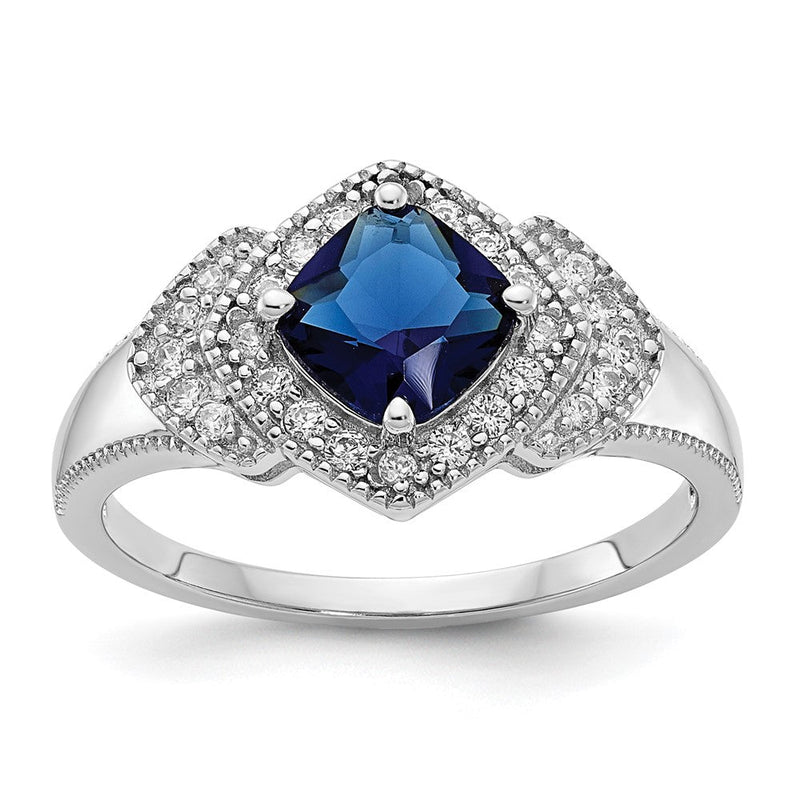 Sterlingsilber Cheryl M Rhodiniert Fantasie Kissen-cut Blau Glas und Brillant-cut Weiß Zirkonia Ring