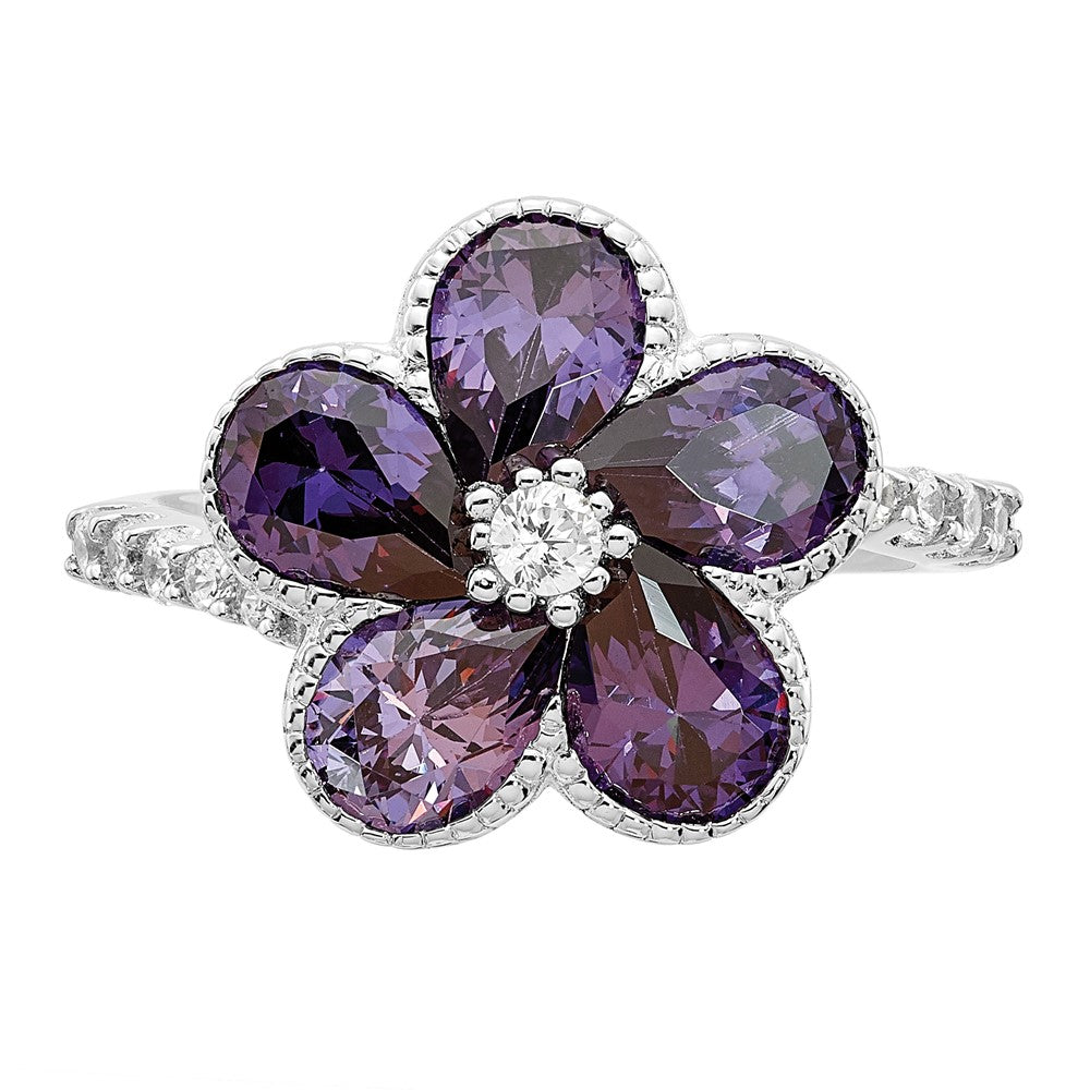 Sterlingsilber Cheryl M Rhodiniert Lila und Weiß Brillant-cut Zirkonia Blume Ring