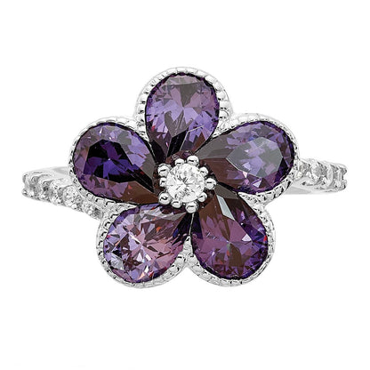 Sterlingsilber Cheryl M Rhodiniert Lila und Weiß Brillant-cut Zirkonia Blume Ring