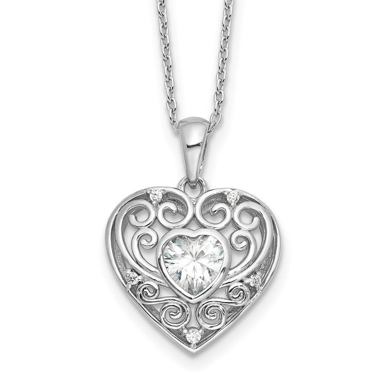 Sterlingsilber Cheryl M Rhodiniert Zirkonia Herz mit 2 Zoll Verlängerung. Halskette