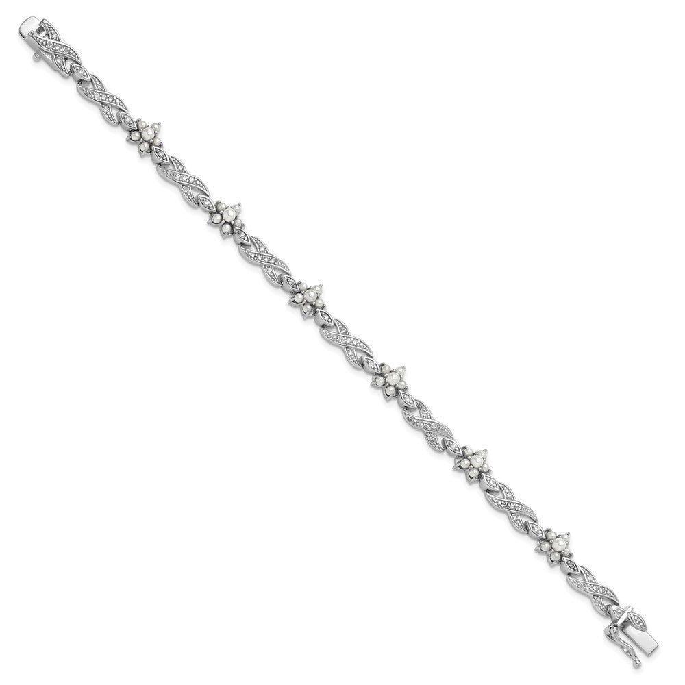 Sterlingsilber Cheryl M Rhodiniert Glas Perle & Zirkonia Blumen Armband