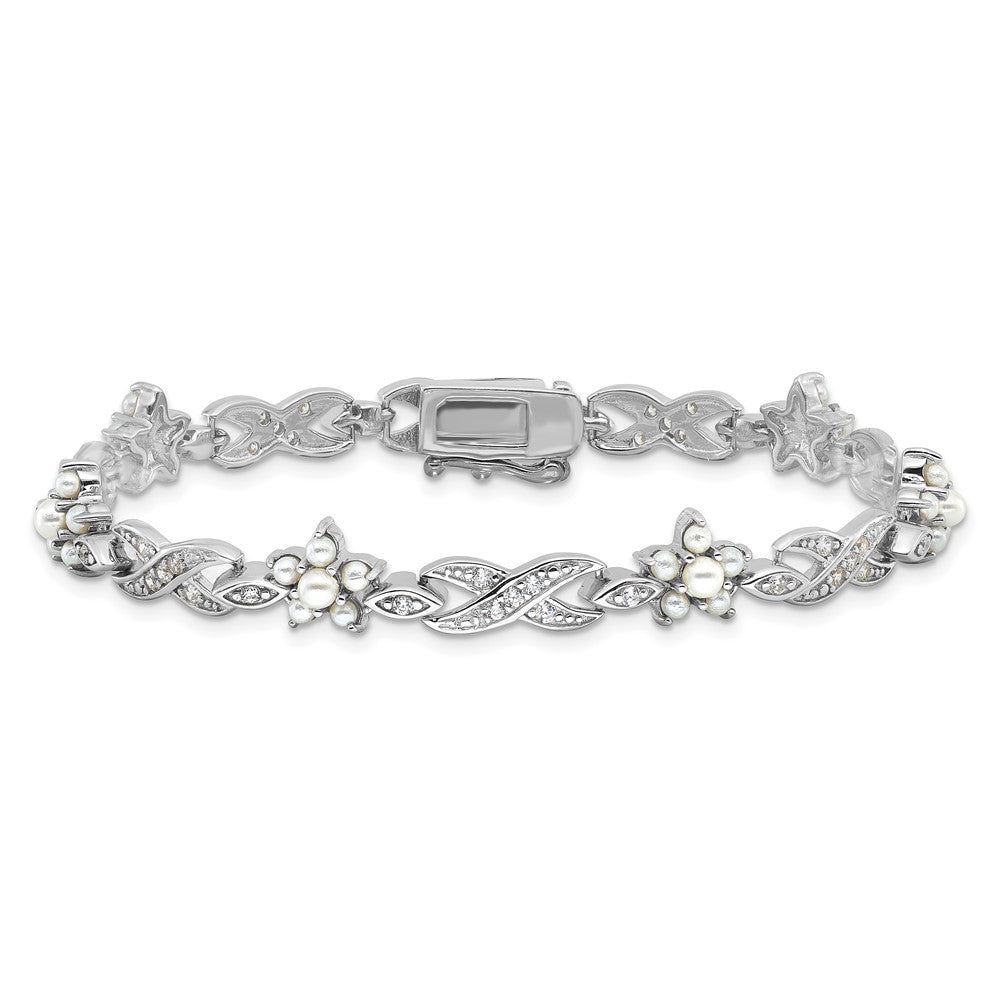 Sterlingsilber Cheryl M Rhodiniert Glas Perle & Zirkonia Blumen Armband