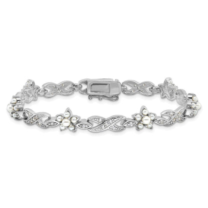 Sterlingsilber Cheryl M Rhodiniert Glas Perle & Zirkonia Blumen Armband