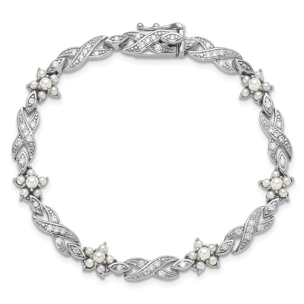 Sterlingsilber Cheryl M Rhodiniert Glas Perle & Zirkonia Blumen Armband