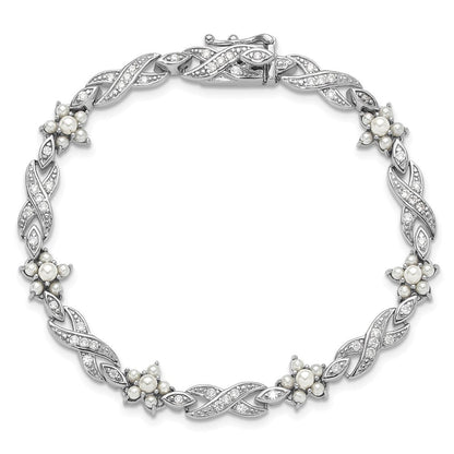 Sterlingsilber Cheryl M Rhodiniert Glas Perle & Zirkonia Blumen Armband