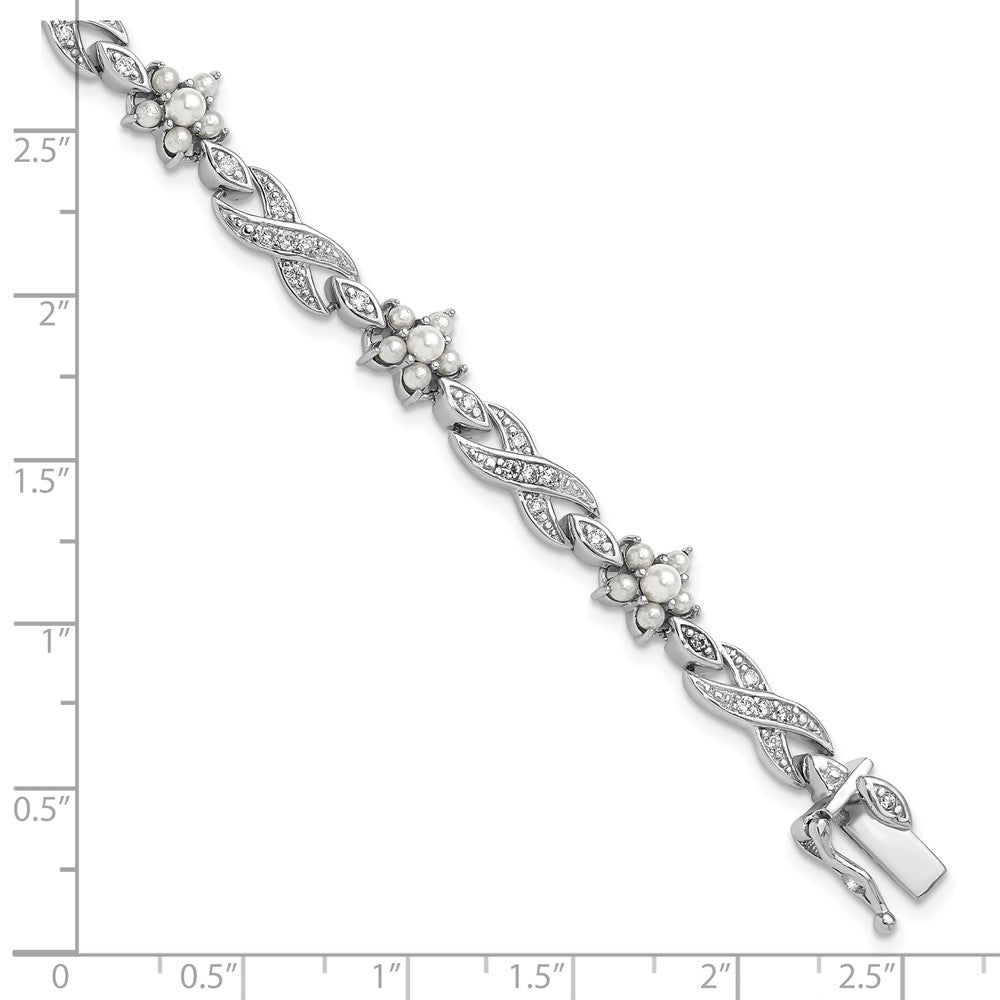 Sterlingsilber Cheryl M Rhodiniert Glas Perle & Zirkonia Blumen Armband