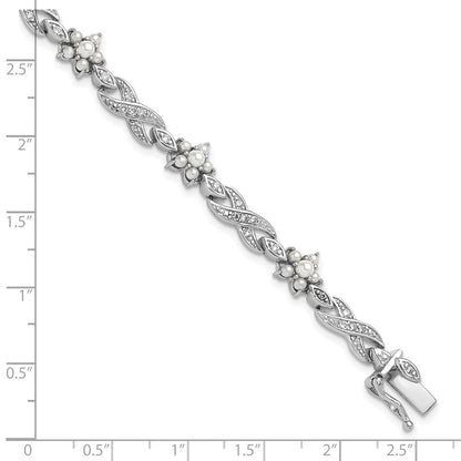 Sterlingsilber Cheryl M Rhodiniert Glas Perle & Zirkonia Blumen Armband