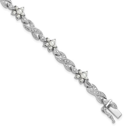 Sterlingsilber Cheryl M Rhodiniert Glas Perle & Zirkonia Blumen Armband