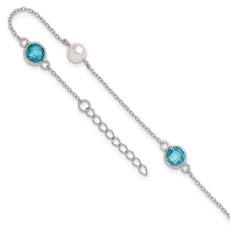 Sterlingsilber Cheryl M Rhodiniert Blau Zirkonia & Fwc Perle mit 1 Zoll Verlängerung Fußkettchen