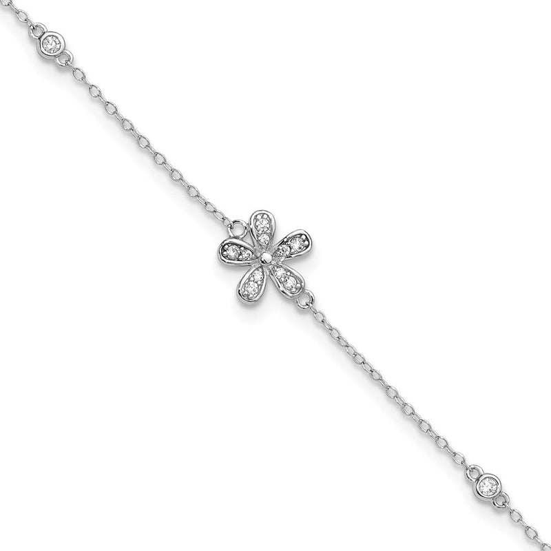 Sterlingsilber Cheryl M Rhodiniert Zirkonia Blume mit 1 Zoll Verlängerung. Fußkettchen