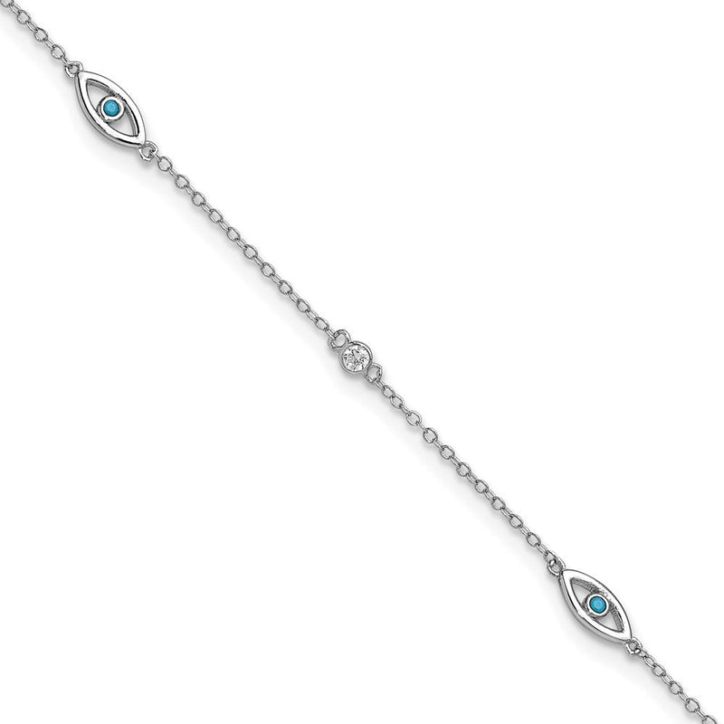 Sterlingsilber Cheryl M Rhodiniert Blau Glas & Zirkonia Böse Auge 9.5 Zoll mit 1 Zoll Verlängerung Fußkettchen