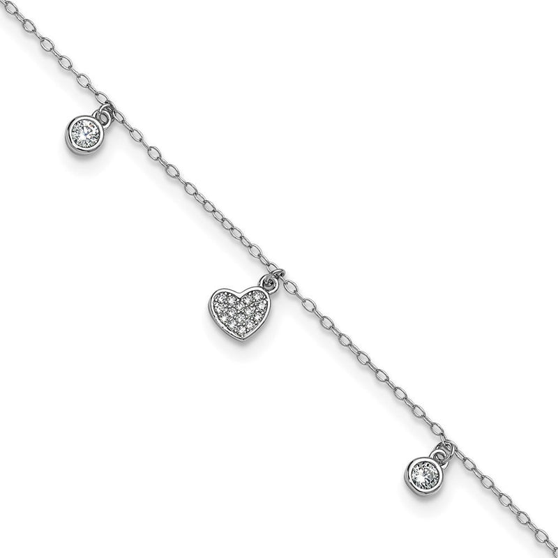 Sterlingsilber Cheryl M Rhodiniert Poliert Zirkonia Herz 9.5 Zoll mit 1 Zoll Verlängerung Fußkettchen