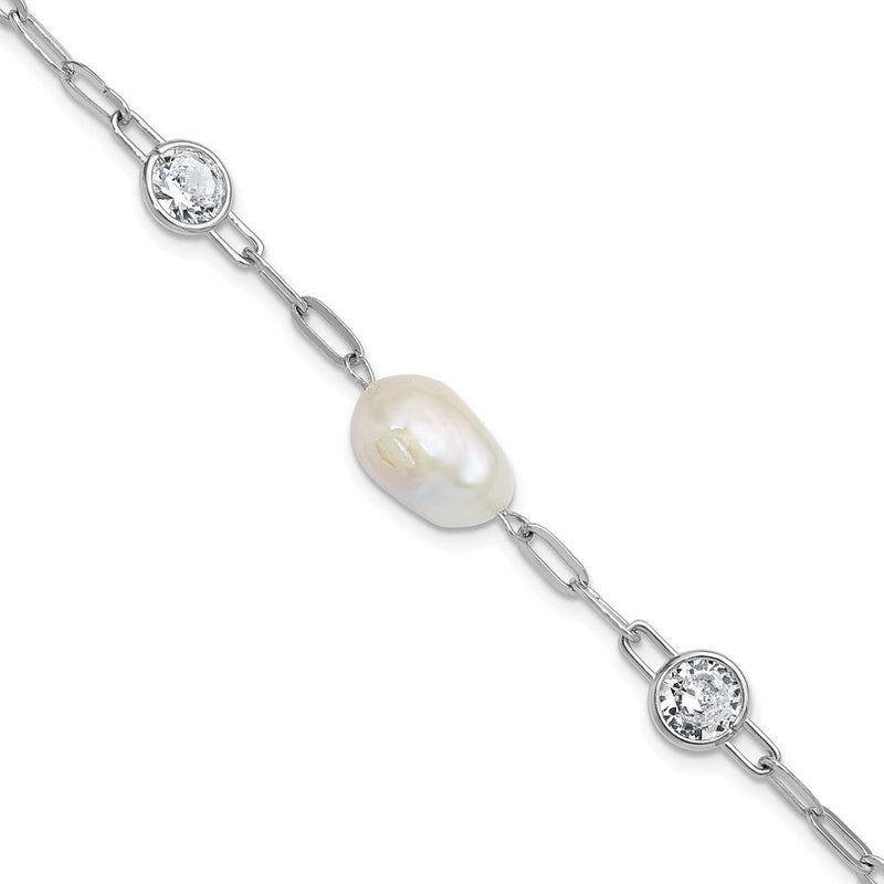 Sterlingsilber Cheryl M Rhodiniert Zirkonia & Fwc Perle & Glieder Mit.75 Zoll Verlängerung Armband