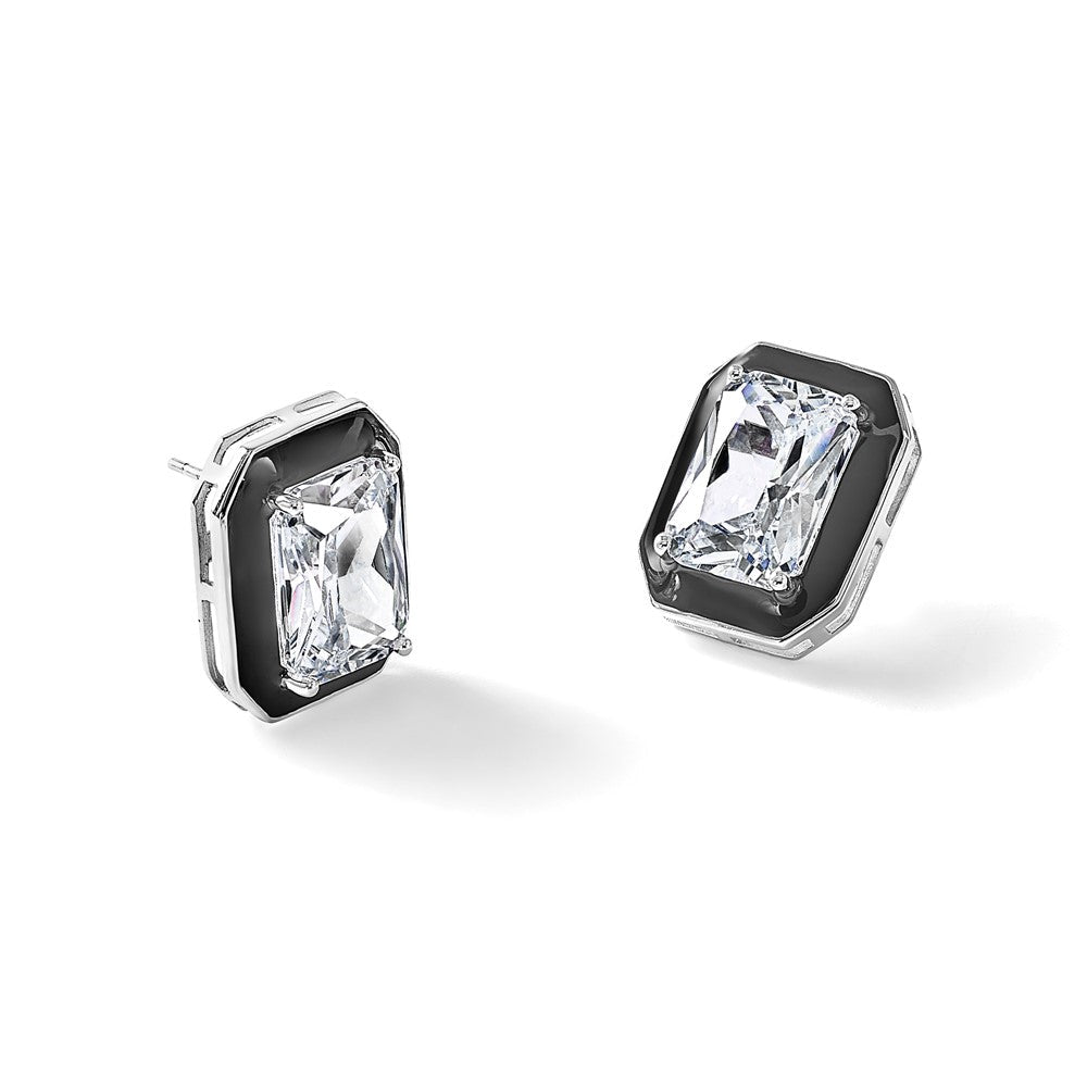 Sterlingsilber Cheryl M Rhodiniert Poliert Schwarz Emaille & Zirkonia Ohrstecker
