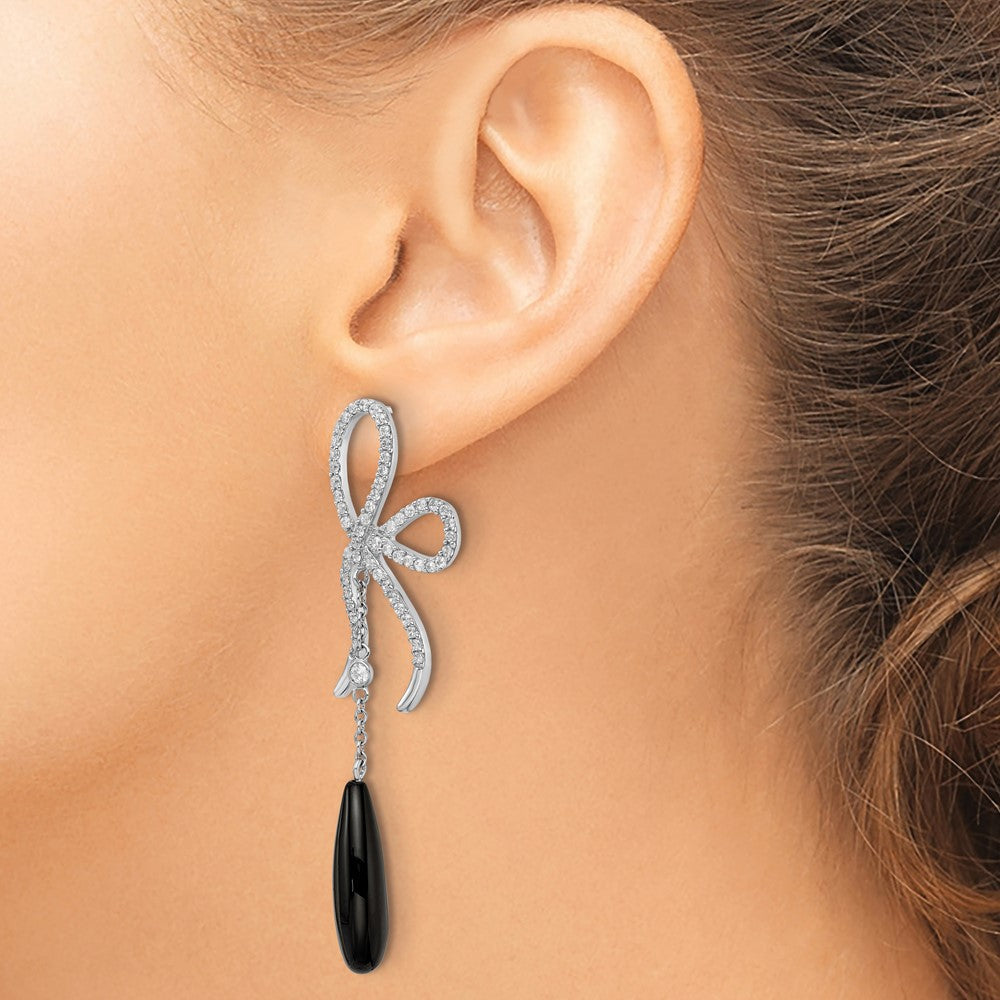 Sterlingsilber Cheryl M Rhodiniert Poliert Onyx & Zirkonia Schleife Stecker Ohrhänger