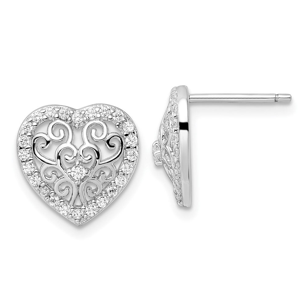 Sterlingsilber Cheryl M Rhodiniert Poliert Zirkonia Filigran Herz Ohrstecker