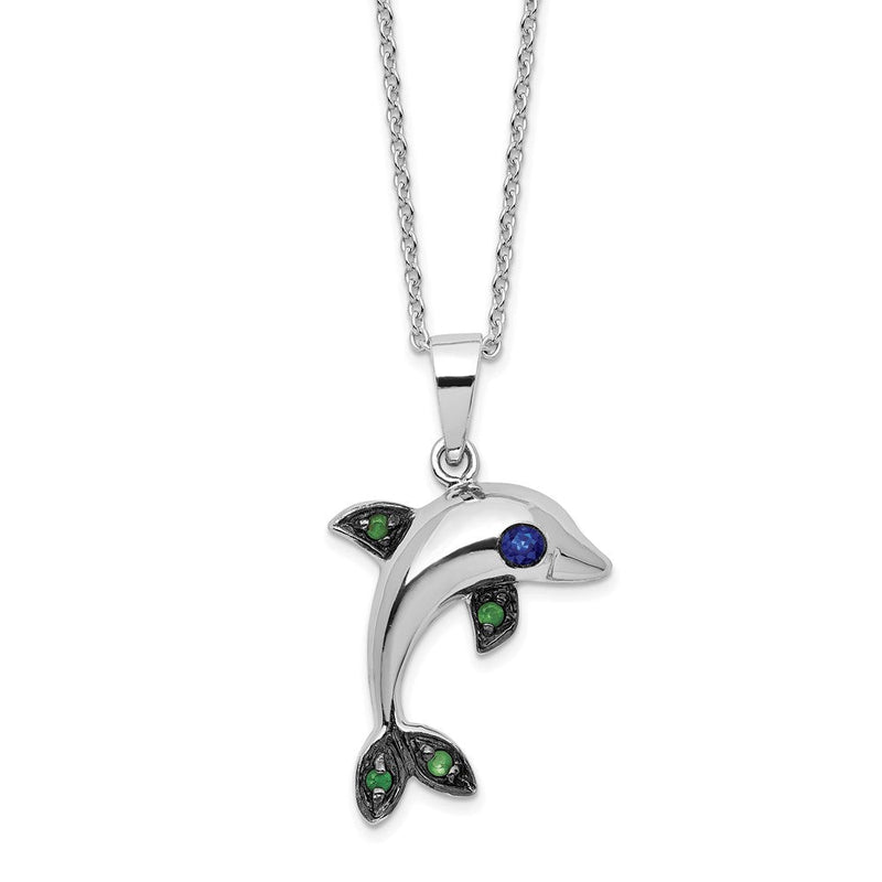 Sterlingsilber Cheryl M Rhodiniert Blk Rhodiniert Blau/green Zirkonia Delfin mit 2 Zoll Verlängerung Halskette