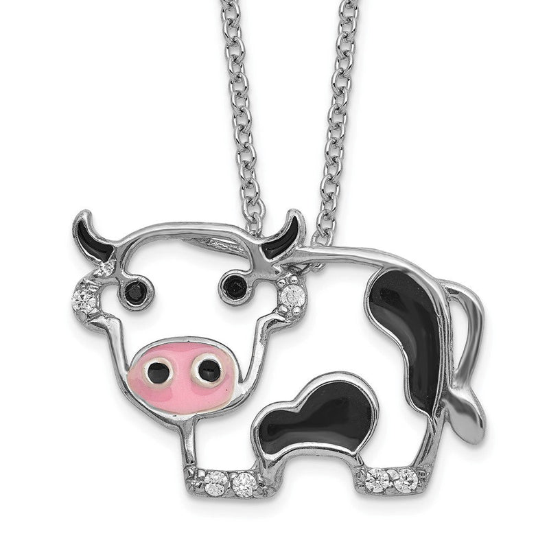 Sterlingsilber Cheryl M Rhodiniert Emaille Blk/wht Zirkonia Cow 16 Zoll mit 2 Zoll Verlängerung Halskette
