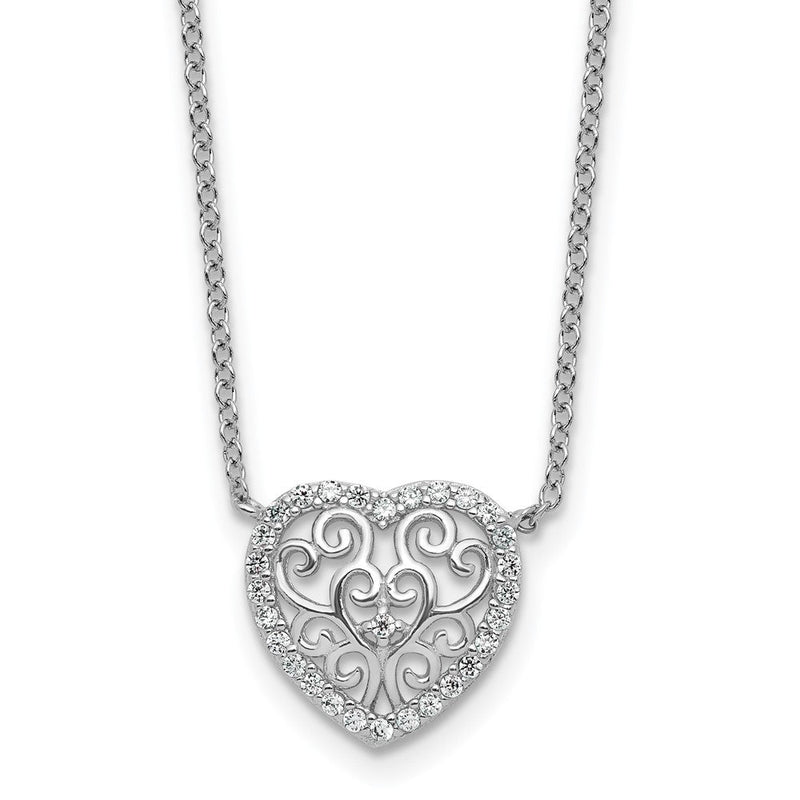 Sterlingsilber Cheryl M Rhodiniert Filigran Zirkonia Herz 16 Zoll mit 2 Zoll Verlängerung Halskette