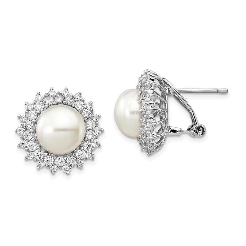 Sterlingsilber Cheryl M Rhodiniert Süßwasser Zuchtperle und Brillant-cut Zirkonia Omega Rückseite Ohrringe