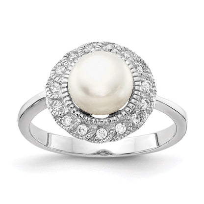Sterlingsilber Cheryl M Rhodiniert Süßwasser Zuchtperle und Brillant-cut Zirkonia Ring