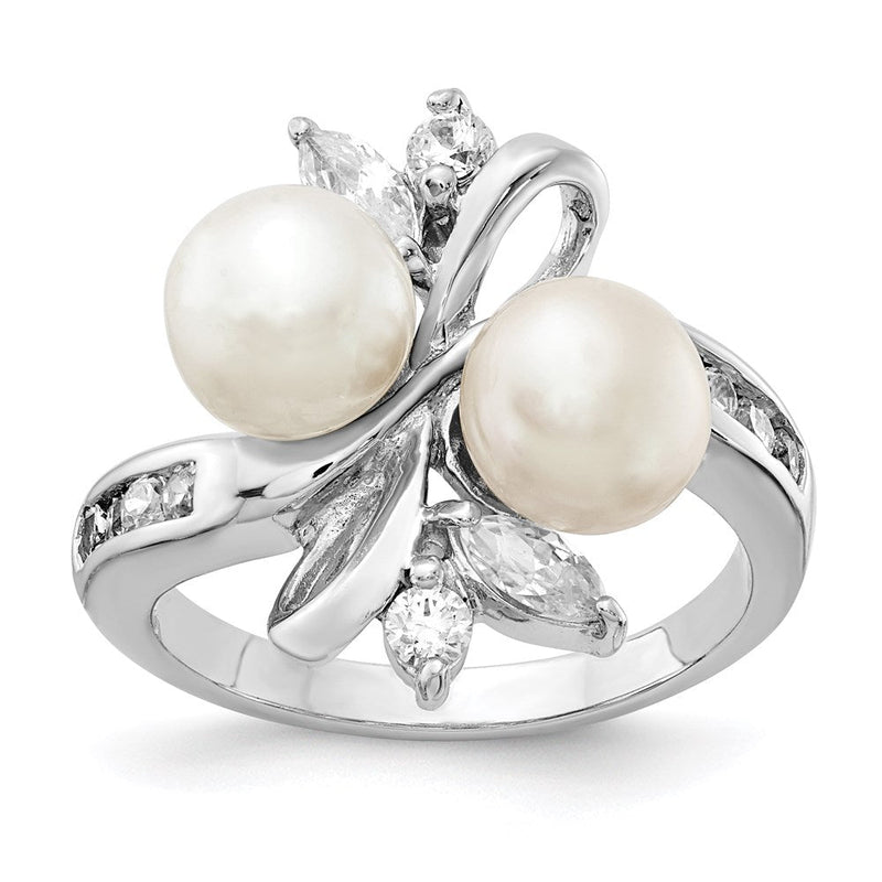 Sterlingsilber Cheryl M Rhodiniert Süßwasser Zuchtperle und Brillant-cut Zirkonia Leaves Ring