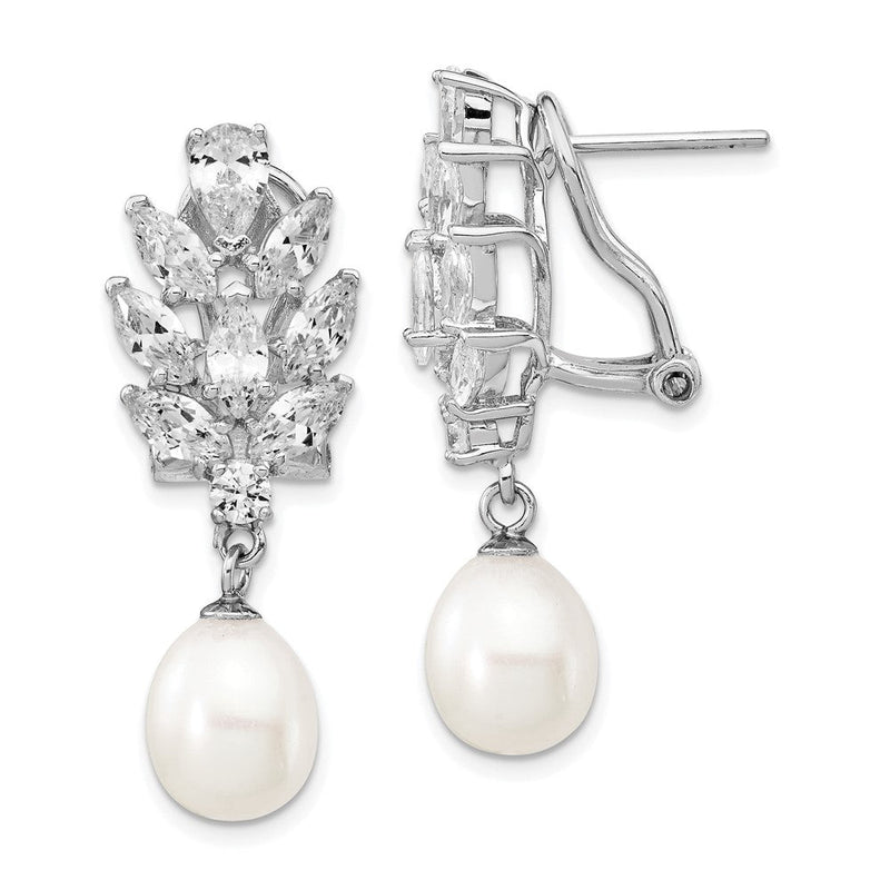 Sterlingsilber Cheryl M Rhodiniert Tropfen Süßwasser Zuchtperle Marquise-cut und Brillant-cut Zirkonia Fantasie Omega Rückseite Ohrhänger