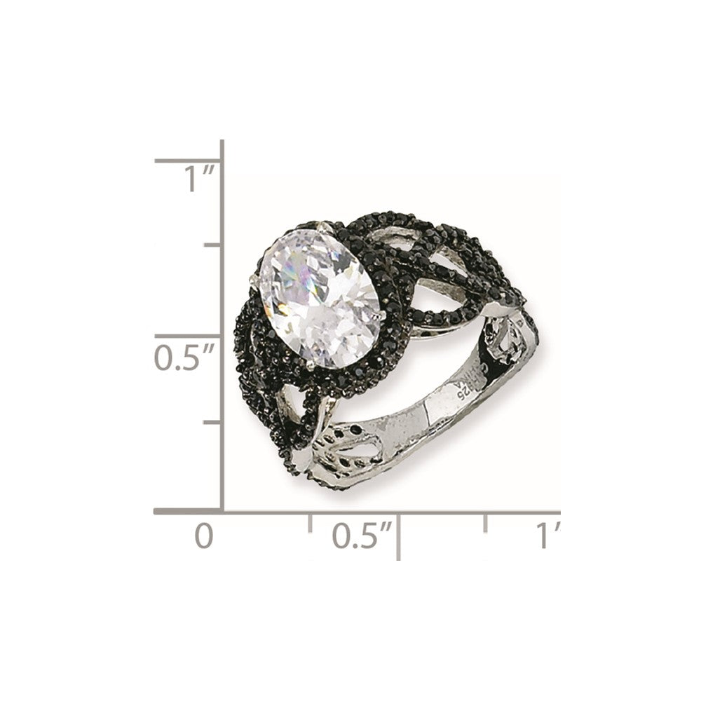 Sterlingsilber Schwarz-beschichtet Fantasie Oval Schwarz/wht Zirkonia Ring