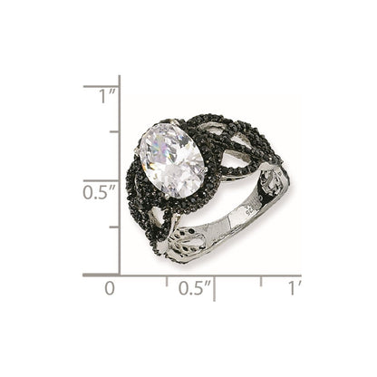 Sterlingsilber Schwarz-beschichtet Fantasie Oval Schwarz/wht Zirkonia Ring
