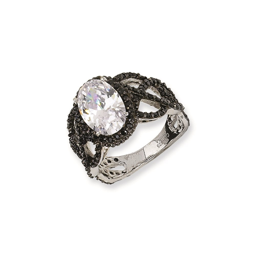 Sterlingsilber Schwarz-beschichtet Fantasie Oval Schwarz/wht Zirkonia Ring