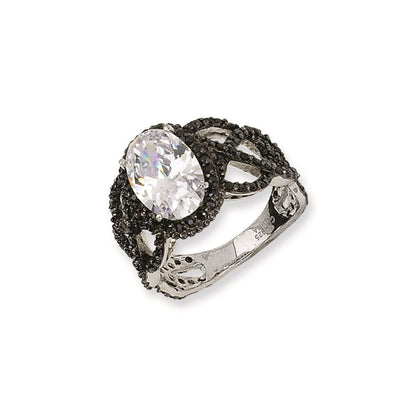 Sterlingsilber Schwarz-beschichtet Fantasie Oval Schwarz/wht Zirkonia Ring